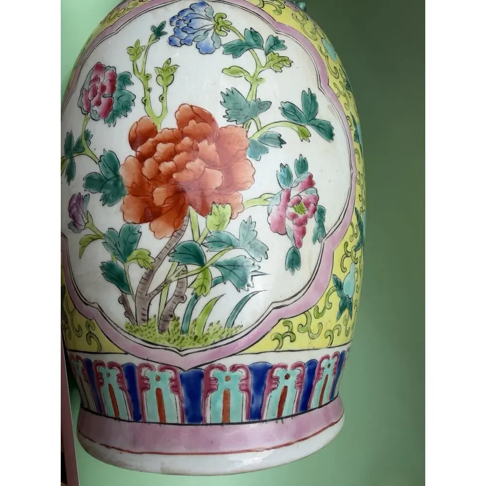 Antique Chinese Famille Rose Vase, 19th C. Large Yellow Porcelain Vase 17.5”